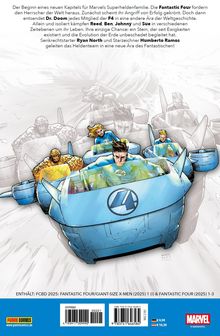 Text beschreibt den Beginn eines neuen Kapitels für die Fantastic Four. Illustration zeigt Helden in blauen Fahrzeugen.