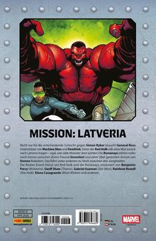 „MISSION: LATVERIA“. Ein großer roter Charakter zeigt Muskeln. Ein anderer in blau mit Schutzbrille daneben. Links Barcode. 