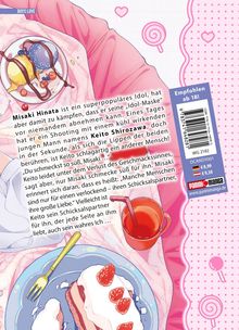 Eine Manga-Rückseite mit Pastellfarben: Eisbecher, Kuchen und Getränk, begleitet von einer romantischen Geschichte. 