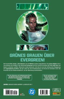 Grünes Grauen über Evergreen! Illustration: Frau mit leuchtender Brust, grünem Licht, ernster Blick in einem Kreisrahmen.