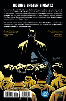 Oben im Bild steht "ROBINS ERSTER EINSATZ". Im Vordergrund Batman, im Hintergrund Menschenmenge, alles in dunklen Farben.