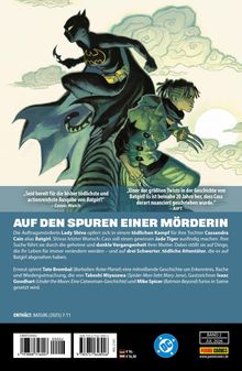 "Auf den Spuren einer Mörderin" ist oben in einem blauen Banner. Batgirl in Aktion mit einer zweiten Person, Wolken im Hintergrund.