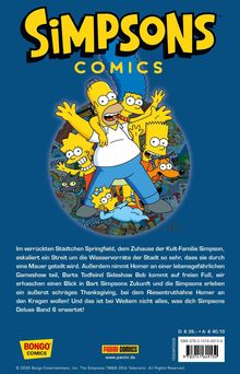 „Simpsons Comics“ in gelber Schrift auf blauem Hintergrund, darunter die Simpson-Familie in einem fröhlichen Gruppenbild.