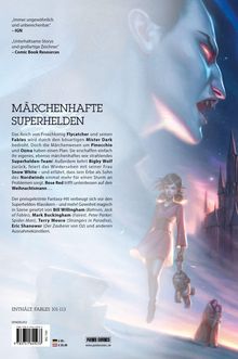 "Märchenhafte Superhelden" und darunter eine Illustration: ein Wesen mit roten Augen, ein Mädchen, Schloss im Hintergrund.