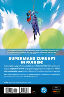 "SUPERMANS ZUKUNFT IN RUINEN!" Superman kämpft gegen einen futuristischen Gegner am Himmel. Dynamische, actionreiche Szene.