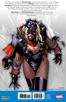 Texte: Das Notrufsignal der Fantastic Four kommt von Galactus, der Sue Storm sucht. Illustration: Frau in Rüstung mit Stacheln.