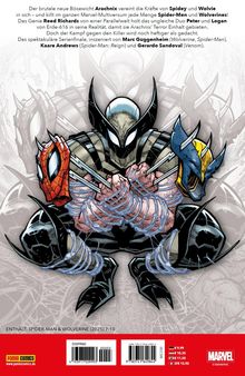 Spannender Comic-Text über Arachknix, der Spidey und Wolvie vereint. Illustrationen von zwei Figuren mit Masken und Krallen.