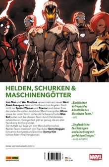 „Helden, Schurken & Maschinengötter“ in Grün. Großer humanoider Roboter mit orangeglühenden Augen, flankiert von Helden.
