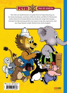 Text: "Petzi, Pelle und Seebär bereiten eine große Party für Pingos Geburtstag vor..." Illustration: Tierfiguren mit Geschenken.