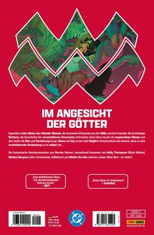 Titel: IM ANGESICHT DER GÖTTER. Illustration mit heldenhaften Figuren, Schlangen und einer roten Hintergrundfarbe.