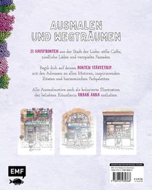 Text: "AUSMALEN UND WEGTRÄUMEN. 21 HAUSFRONTEN aus der Stadt der Liebe: süße Cafés, niedliche Läden und verspielte Fassaden."  
Beschreibung: Zwei farbige Illustrationen von Gebäudefronten, umgeben von bunten Blumenrändern. Unten links ein EMF-Logo.
