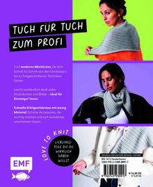 "Tuch für Tuch zum Profi." Drei Frauen tragen gestrickte Tücher. Logos: EMF, Love to Knit. Agile Farben: Lila, Grün.