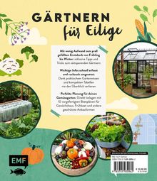 „Gärtnern für Eilige“: Tipps für effizientes, planvolles Gärtnern. Bilder von Gemüse, Gewächshaus und Gartenpflanzen.