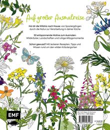 "Auf großer Ausmalreise." Illustration mit bunten Blumen, Schmetterling und Pflanzen, EMF-Logo unten links.