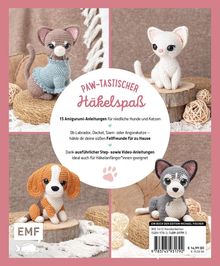 "Paw-tastischer Häkelspaß: 15 Amigurumi-Anleitungen für Hunde und Katzen." Vier gehäkelte Tiere, Katze und Hunde.