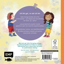 "Ich bin gut, so wie ich bin" steht mittig. Zwei Kinder, ein Junge mit Kopfhörern und Mädchen in bunten Schuhen, umrahmen den Text.