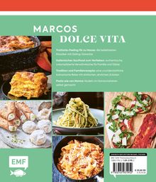 MARCO'S DOLCE VITA: Trattoria-Feeling für zu Hause, Soulfood, Tradition und Familienrezepte, Pasta wie von Nonna. Verschiedene italienische Gerichte und ein EMF-Logo.