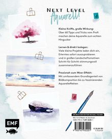 Text: Next Level Aquarell! Tipps und Tricks für beeindruckende Aquarelle. Illustrationen eines Baums, Wellen und Steins.