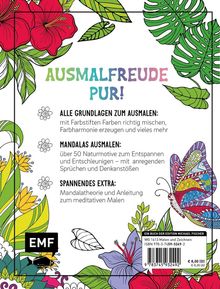 "AUSMALFREUDE PUR!" mit Blumen und Blättern. Infos zu Grundlagen, Mandalas, und extra Malanleitung. Farbig illustrierte Gestaltung.