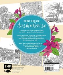 Texte: "Deine große Ausmalreise," "Inseln," "Bali," "Mallorca," "Nordseeinsel Sylt." Mit floraler Illustration und schwarz-weißen Zeichnungen.