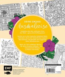 Gelber Kreis mit Text: "DEINE GROSSE Ausmalreise". Buntstiftzeichnungen mit Pflanzen, Tieren und Mustern. Logo unten links.