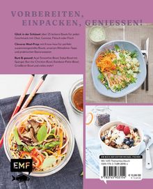 "VORBEREITEN, EINPACKEN, GENIESSEN!" Oben lila. Drei Bowl-Gerichte mit Gemüse und Obst in modernen Schüsseln.