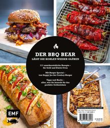 "Der BBQ Bear: Lässt die Kohlen wieder glühen. 111 unwiderstehliche Rezepte für Grill und Dutch Oven. Burger Special." Oben links ein Burger, oben rechts gefüllte Paprika, unten links Brot mit Tomaten und Mozzarella, unten rechts Pulled Pork.