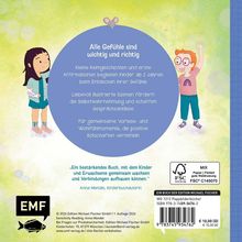 "Alle Gefühle sind wichtig und richtig" steht in einem blauen Kreis. Zwei Kinder, fröhlich und bunt gekleidet, umgeben ihn.