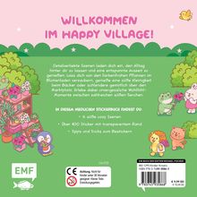 „WILLKOMMEN IM HAPPY VILLAGE!“ steht oben in pinker Schrift. Darunter fröhliche Tiere, ein Frosch und ein Kaninchen, mit Blumen.