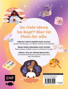 Zu viele Ideen im Kopf? Hier ist Platz für alle. Weitere Texte betreffen ADHS und kreative Übungen. Illustrationen zeigen Figuren in Entspannungsposen, Teekanne, Kamera und Malutensilien.