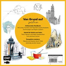 Im Zentrum: "Von Grund auf zeichnen". Buch mit Anleitungen zu Perspektive, beobachteten Motiven und ausdrucksstarkem Zeichnen. Illustrationen von Gebäuden, Menschen, Natur und einem Elefanten.