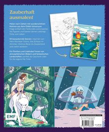 "Zauberhaft ausmalen!" bietet 50 Szenen aus Ghibli-Filmen. Oben eine Ausmalvorlage von einer Frau und Flamme, unten Illustrationen.