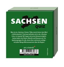 „Sachsen Quiz“ in Weiß auf Grün. Einladung zum Raten über Sachsen, 66 Fragen mit drei Antwortmöglichkeiten.