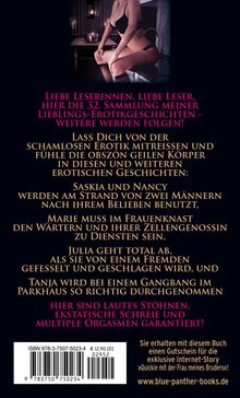 Buchseite mit Texten über erotische Geschichten, gefolgt von abgebildeter Frau in Unterwäsche, die auf einem Tisch sitzt.