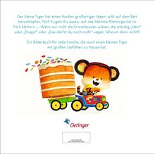 Text über einen kleinen Tiger voller Ideen: Eis essen, klettern, herumhüpfen. Illustration: Tiger fährt mit Kuchen.