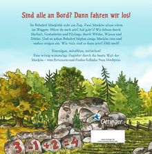 Über einem Wald und Felsen steht: "Sind alle an Bord? Dann fahren wir los!" Darunter eine kurze Einladung. Felsen mit 3 - 1 + 2 = 4.