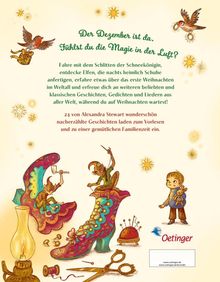 Text: "Der Dezember ist da. Fühlst du die Magie in der Luft?" Zwei Elfen gestalten bunte Schuhe. Ein Kind mit Kuscheltier schaut zu.