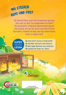 **Wo stecken Hops und Fips?** Pauls und Lottis Kaninchen sind weg. Süßes Hoppel-Abenteuer. Illustration eines leeren Kaninchenstalls.
