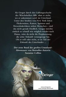 Text beschreibt einen Jungen namens Gregor im "Unterland". Unten ist eine Illustration eines Mädchens mit blonden Haaren.