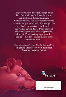 Text beschreibt Gregors größten Kampf gegen die weiße Ratte im Unterland. Illustration einer aggressiven Ratte.