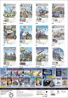 Kalenderillustration mit Comics, darunter Monate von Januar bis Dezember. Unten Buchcover der Werner-Reihe. 