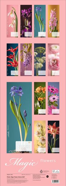 „Magic Flowers“. Monatsnamen auf Kalenderblättern, das Bild zeigt Blumen in verschiedenen Farben auf farbigen Hintergründen.