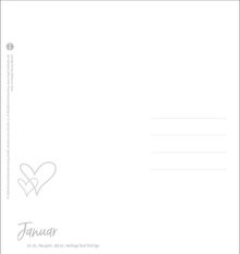 "Januar, 01.01. Neujahr, 06.01. Heilige Drei Könige" in eleganter Schrift. Zwei skizzierte Herzen links unten.