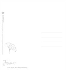 Text: "Januar, 01.01. Neujahr, 06.01. Heilige Drei Könige." Eine Illustration eines Ginkgoblattes links.