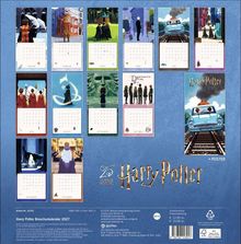 "Harry Potter Broschurkalender 2027." Zwölf Illustrationen zeigen Szenen aus Harry Potter, dazu ein Auto auf Gleisen als Poster.