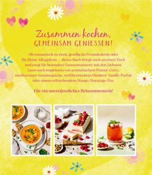 Text in lila Schrift auf gelbem Hintergrund über drei Essen-Bildern: Suppe, Dessert, Getränk. Blumige Dekorationen.