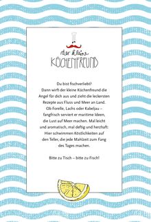 „Der kleine Küchenfreund“ in verspielter Schrift. Maritimer Hintergrund mit blauen Wellen. Illustrationen von Zitronenscheiben.
