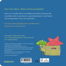 „Zeit fürs Bett, Bobo Siebenschläfer! Aber wo ist Giraffe? Herausgeber: Markus Osterwalder.“ Unten ein Illustration mit Krokodil.