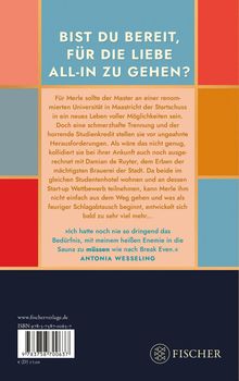 Text: "Bist du bereit, für die Liebe all-in zu gehen?" Beschreibung eines Romans von Antonia Wesseling über Liebe und Herausforderungen.