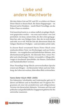 "Liebe und andere Machtworte" ist prominent dargestellt. Der Text beschreibt ein Buch von Hanns Dieter Hüsch über spirituelle Begegnungen. Ein Logo von "neukirchener" ist unten links.
